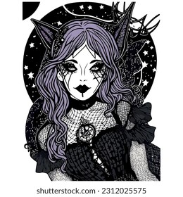 vector image black and white witch illustration