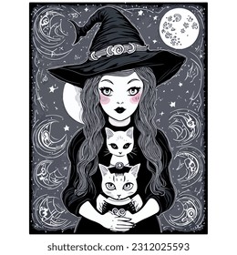 vector image black and white witch illustration