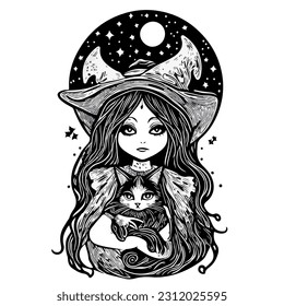 vector image black and white witch illustration