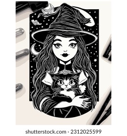 vector image black and white witch illustration