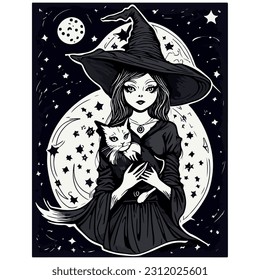 vector image black and white witch illustration