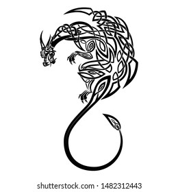 Vector image of a black winged dragon. Medieval winged monster. Knights hunter. Symbol of wisdom and force. Spirit of Celts. Black tribal tattoo. Vector illustration of the Scandinavian myths.