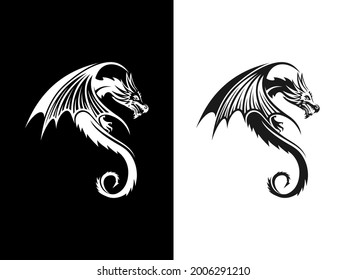 Vector image of a black winged dragon. Medieval winged monster. Knights hunter. Symbol of wisdom and force. Spirit of Celts. Black tribal tattoo. Vector illustration.