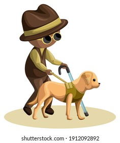 Vector image of a blind old man with a dog and a cane. Cartoon style. EPS 10
