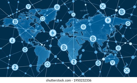 Vector image. Blockchain and cryptocurrencies. Bitcoin. Global network of mutual settlements by electronic means of payment. Digital currency. Planet Earth and the contours of the continents. 