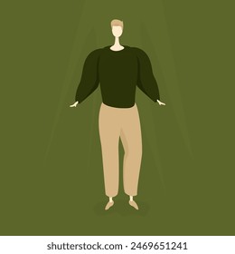 Vector image of blond abstract man in green sweater and beige trousers on green background. Male figure conveying emotions of calmness and inspiration