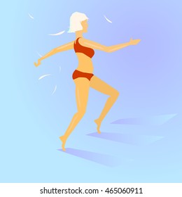 Vector image of blonde girl in a red bathing suit climbing the stairs at flying with white flying feathers on a blue background.