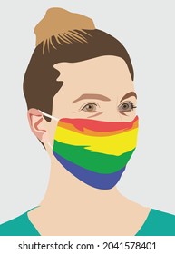 Imagen vectorial de una lesbiana rubia con máscara de salud arco iris. Retrato femenino LGBT con máscara facial