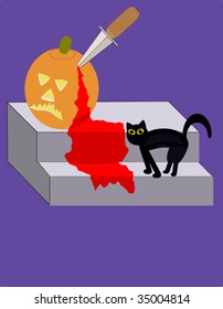 Vector image of a bloody Halloween pumpkin jack-o-lantern and a black cat.