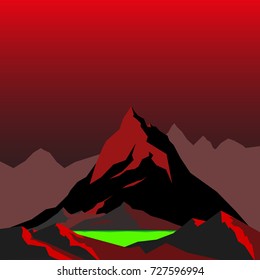 Vector image. Bloody red mountains with a lake of poison. The place of fear and horror on Halloween.