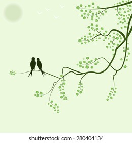 Vector image of a blossoming trees and birds in spring