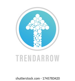 Vector image of a blue arrow pointing up in a circle composed of white circles and dots. Template of abstract logo, icon, icon for startup, business, technology, marketing, advertising, education.