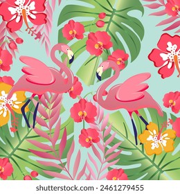 vector image blue background with tropical leaves and pink flamingos png summer print