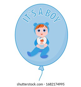 
Vector image of a blue ball with the inscription "It's a boy." A stylized kid with a bottle in his hands is drawn on the ball. Suitable for congratulations on the birth of a son. 