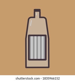 Vector image of a blue bottle with a white label on a brown background