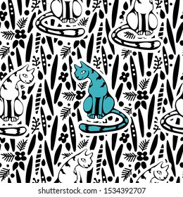 Vector image of a blue cat among other white cats on a background of patterns. Seamless background for wallpaper, textile and wrapping paper.
