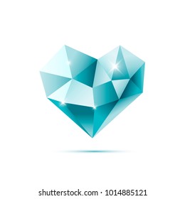 Vector image of a blue crystal heart with reflections isolated on white background. Template for St. Valentine's Day. Great for logo, invitation, card, product packaging, header, poster, label, banner