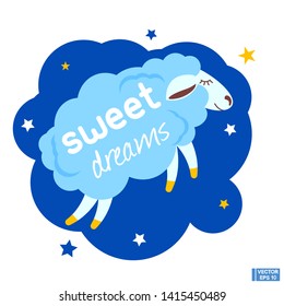 Vector image. Blue cute cloud-like lamb. Sweet Dreams. Lamb jumped high and fell asleep and flies in the sky.