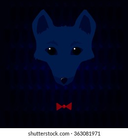 vector image blue fox muzzle with red butterfly and the background of the tail with a gradient dark background.