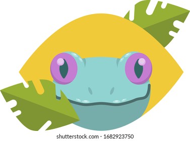 
Vector image of blue frog with two leaves and yellow background