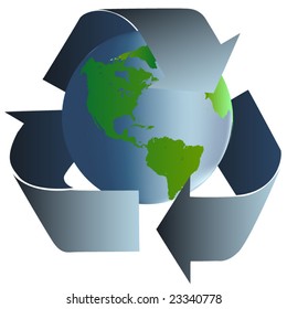 Vector image of blue green earth surrounded with recycle arrows