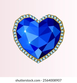 Vector image of a blue heart-shaped gemstone decorated with shining facets and surrounded by sparkling diamonds in a gold setting. Ideal for jewelry design, gifts and holidays.