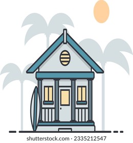 vector image of a blue house with a coconut tree background. design house modern. 