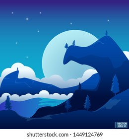 Vector image. Blue landscape with sun setting over the hills. Evening mountains and lake
