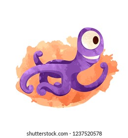 Vector image blue monster with interested looks to the side. Cute cartoon monster resembling an octopus.