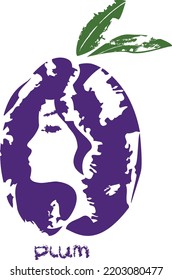vector image of a blue plum in the form of a hairstyle with a silhouette of a female face for decorating a menu or kitchen utensils