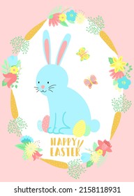 Vector image of a blue rabbit, butterflies and eggs in the flowers and carrots wreath. Hand-drawn Easter illustration of a bunny for spring happy holidays, summer, greeting card, poster, banner, child