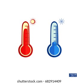 Vector image. Blue and red thermometers. Temperature measurement. Thermometer showing cold and heat.