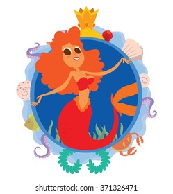 Vector image of a blue round frame with marine symbols: shells, tentacles, crab, fish, algae and golden crown with cartoon image of a cute mermaid with orange wavy hair in center on a white background