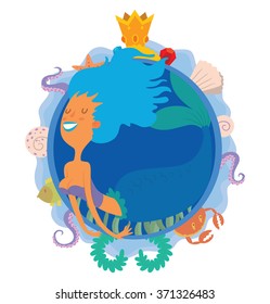 Vector image of a blue round frame with marine symbols: shells, tentacles, crab, fish, algae and golden crown and with cartoon image of a cute mermaid with blue hair in center on a white background.