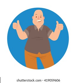Vector image of a blue round frame with cartoon image of a happy overweight bald man in orange pants and black t-shirt standing, smiling and showing thumbs up in the center on a white background. 