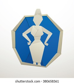 Vector image of a blue round paper frame with image of a paper business woman in a suit standing in the center on a white background. Made in origami style. White figure. Vector illustration.