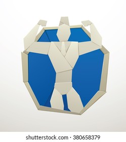 Vector image of a blue round paper frame with image of a strong paper businessman in a suit standing in the center on a white background. Made in origami style. White figure. Vector illustration.