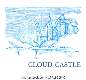 Vector image in blue and white colors with a castle and clouds and the inscription Cloud-Castle