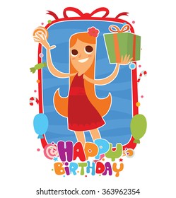 Vector image of blue-red frame with candies, balloons, confetti, with words "Happy birthday" and with cartoon image of girl with green gift in hand on a white background. Holiday. Vector illustration.