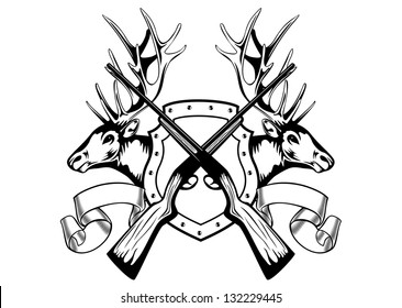 Vector image board crossed guns and elk heads