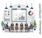 A vector image of a board of directors meeting, with people around a conference table, charts on the wall, and a presentation screen. Minimalist style with flat colors