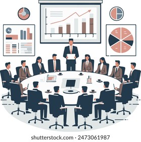 A vector image of a board of directors meeting, with people around a conference table, charts on the wall, and a presentation screen. Minimalist style with flat colors