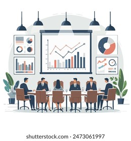 A vector image of a board of directors meeting, with people around a conference table, charts on the wall, and a presentation screen. Minimalist style with flat colors