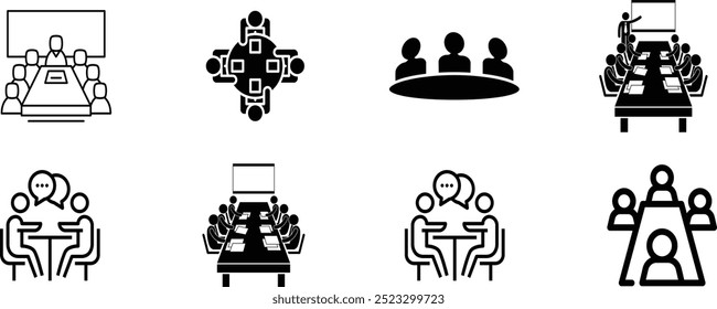 Uma imagem vetorial de uma reunião do conselho de administração, com pessoas ao redor de uma mesa de conferência, gráficos na parede e uma tela de apresentação. Estilo minimalista com cores planas