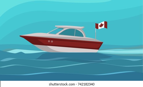 Vector image of a boat with the Canadian flag in the sea.