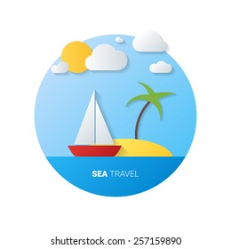 Vector image of boat and island. Summer time. Sea travel and vacation concept.