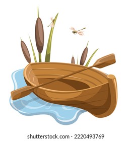 Vector image of a boat with oars laid up near the shore in the reeds. Cartoon. EPS 10