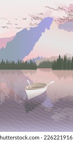 Vector image, a boat on a lake in the mountains