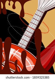 Vector image in boho style in bright colors. The main element is guitar and speaker. Rock music concept. EPS 10