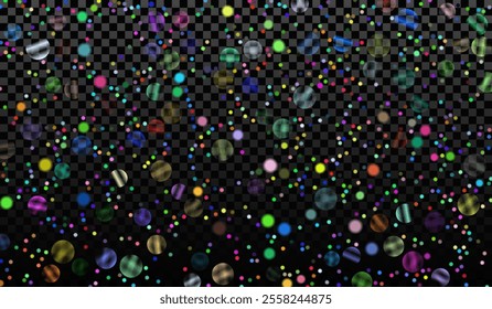 Vector image with bokeh effect on transparent background. Multicolored glowing circles and dots of different sizes create a bright and voluminous pattern. Suitable for banners, postcards and abstract 